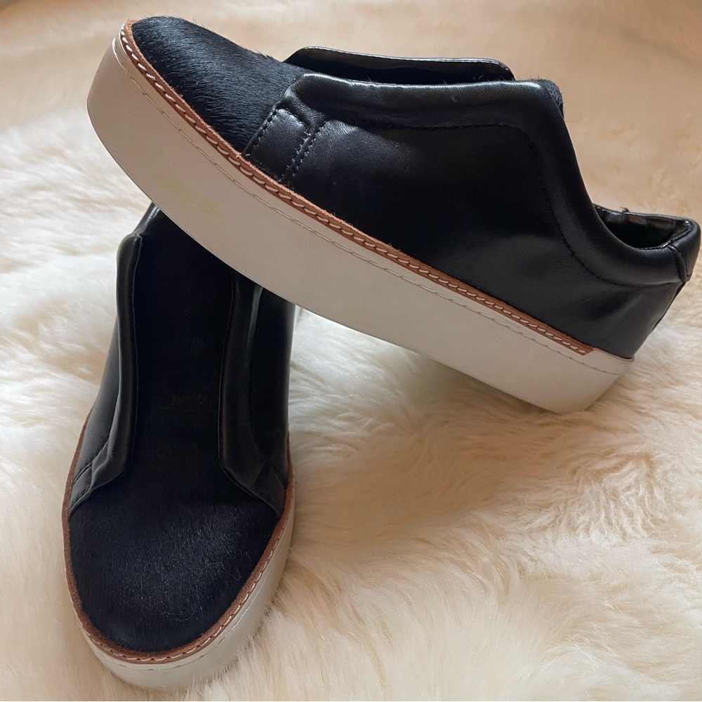 Free People M4D3 Mage Black Leather Calf Hair Slip-On Sneakers Size 6.5